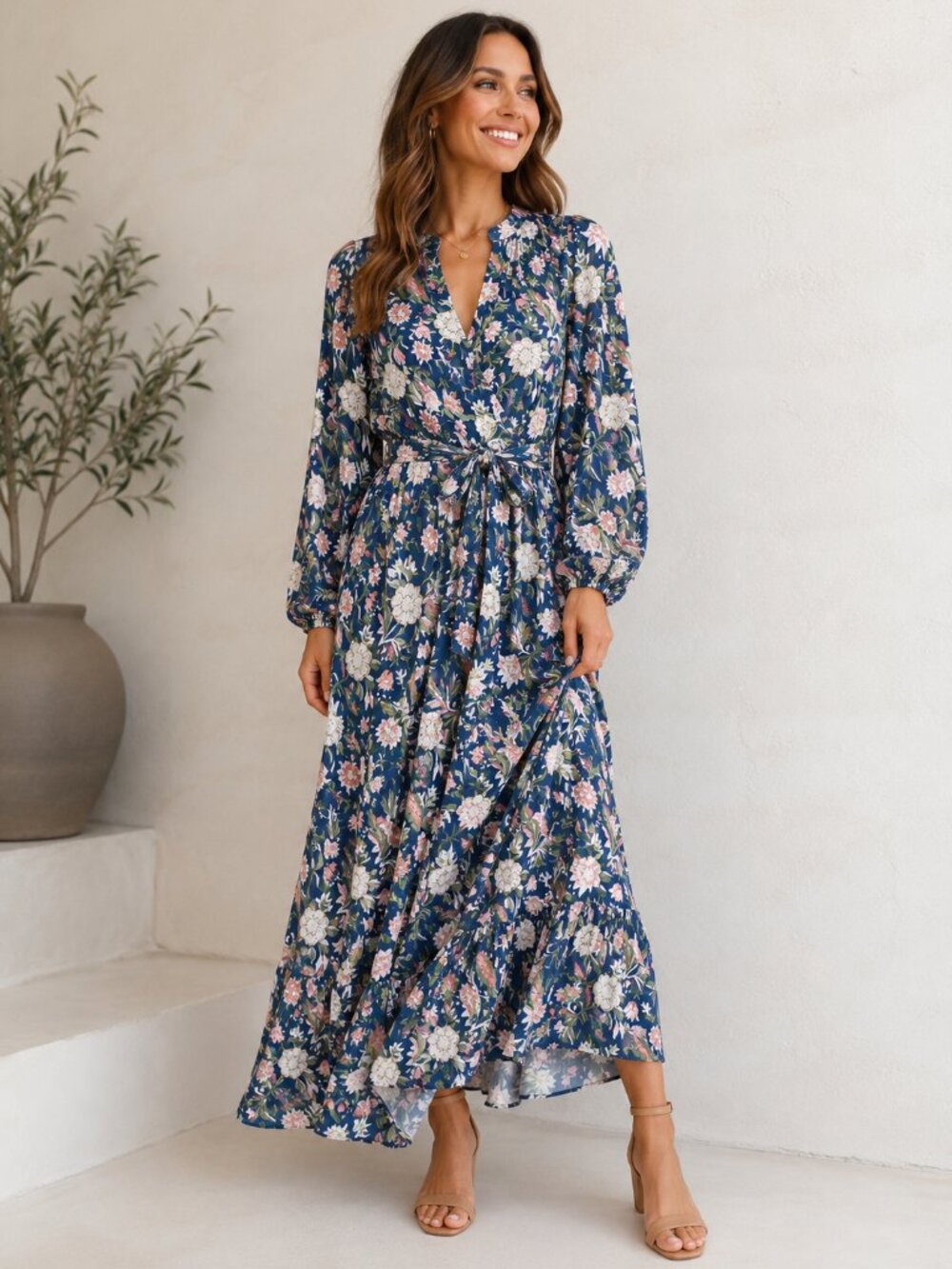 dRA Los Angeles Floral Maxi Dress Small Blue Boho Long Sleeve Faux Wrap 1244
